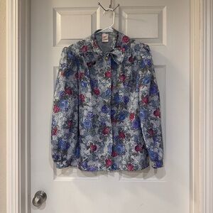 Vintage Floral Blouse with Purple and Blue